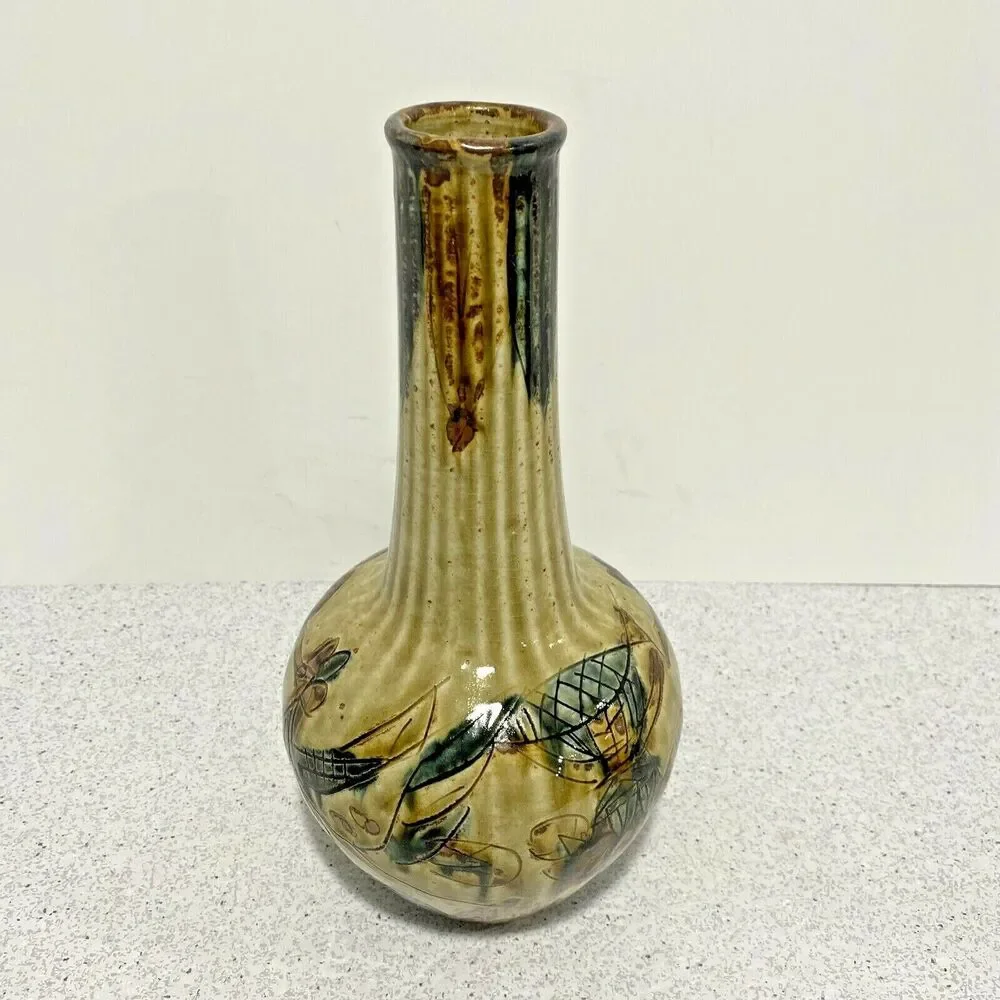 Vintage Mid Century Art Pottery Vase Drip Glaze Incised Brutalist Okinawa Japan - Picture 1 of 16